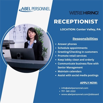 Receptionist jobs in Center Valley, PA