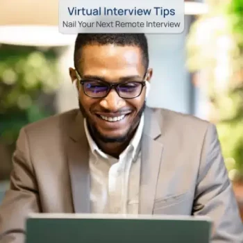smiling man reading about interview tips before his virtual interview
