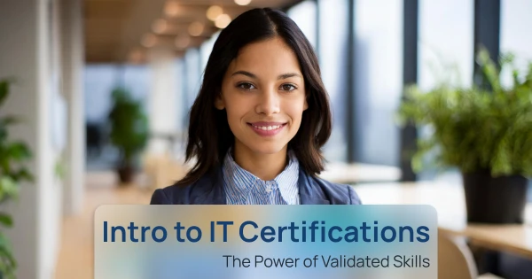 Smiling IT Professional with IT Certifications in a modern office setting